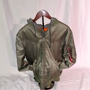 Stylish Bomber Olive Green Jacket with Hood and Orange Lining